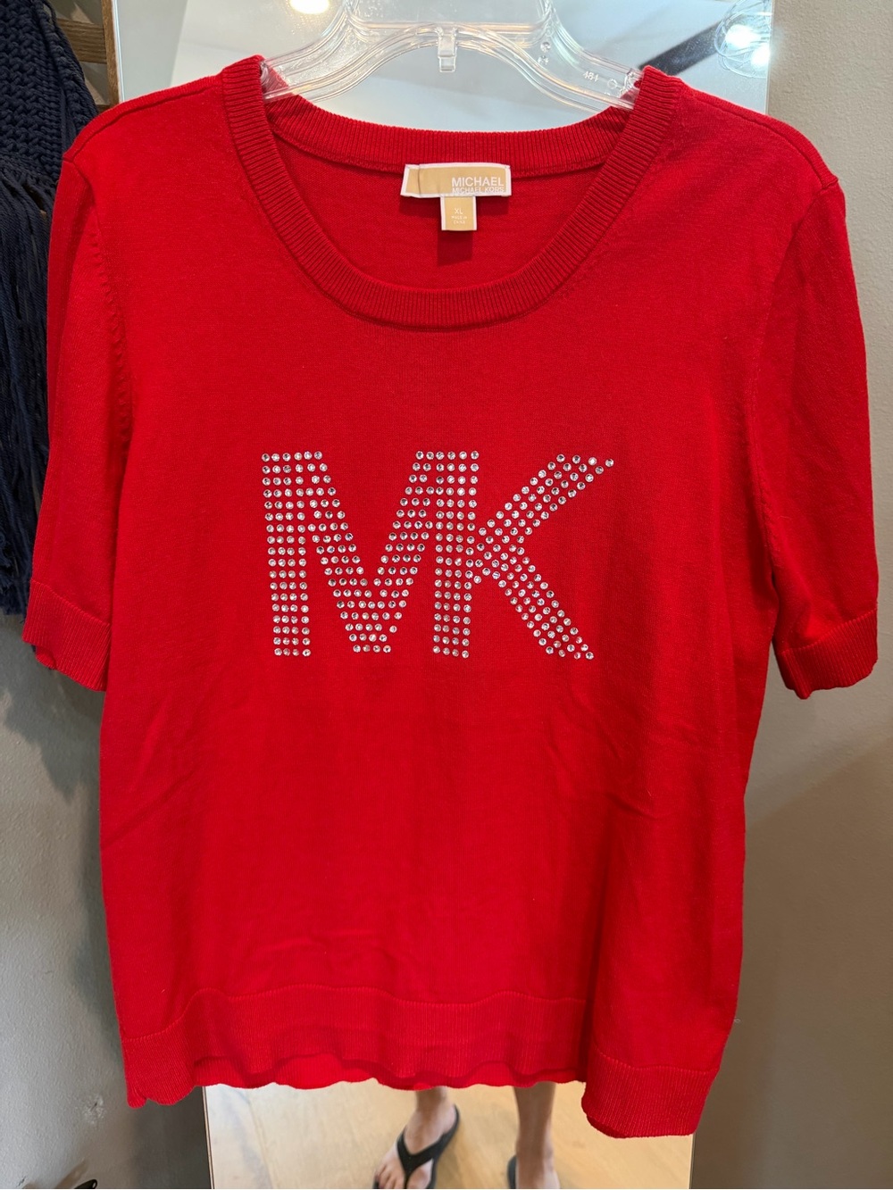 Michael Kors Red Short-Sleeve Crewneck Sweater with Crystal MK Logo